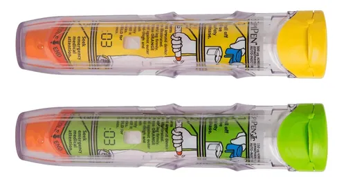 300 mikrogramų geltonas ir 150 mikrogramų žalias EpiPen autoinjektoriai