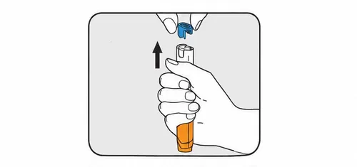 Mėlyno apsauginio dangtelio nuėmimas nuo EpiPen autoinjektoriaus